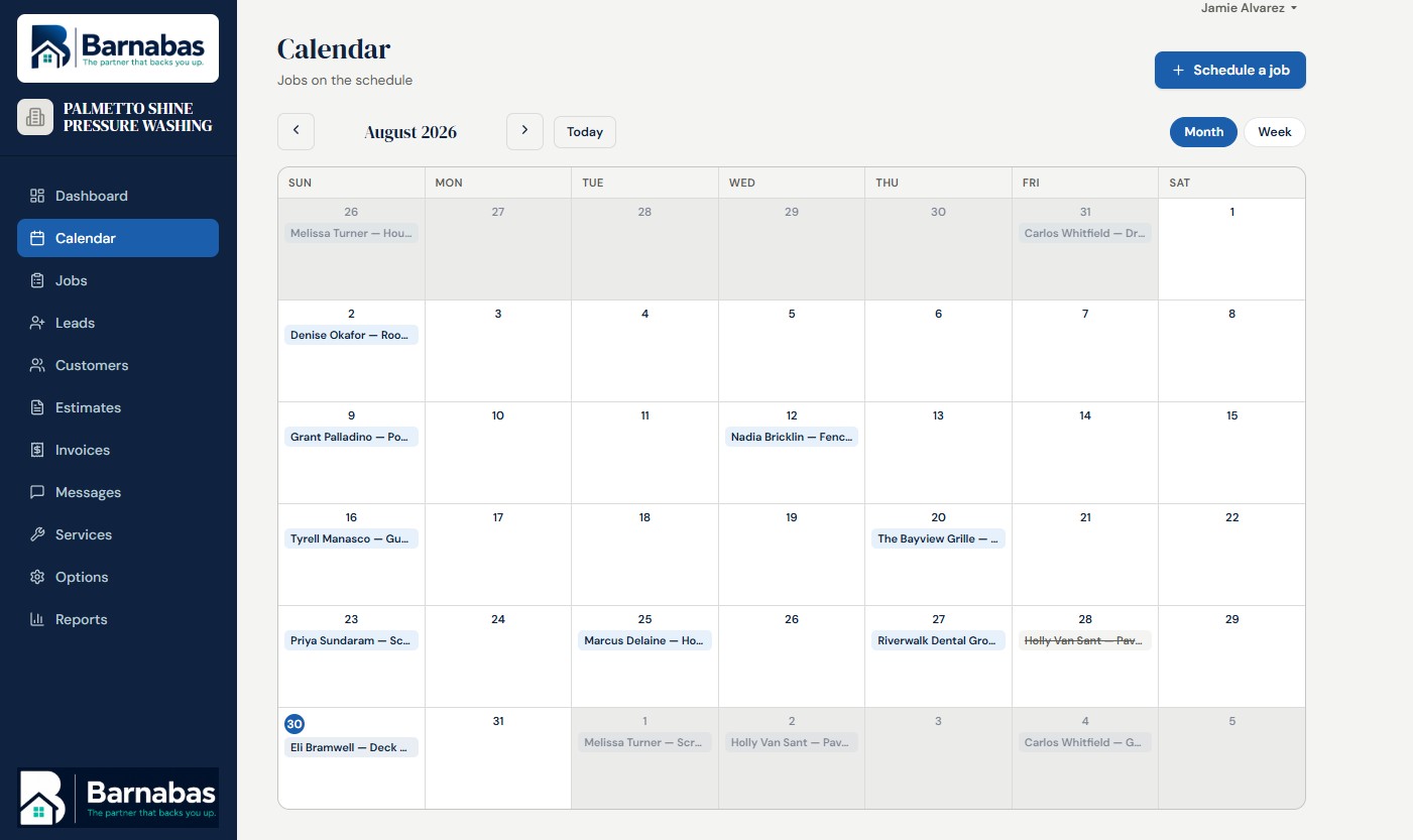 Barnabas calendar showing jobs scheduled across a full month
