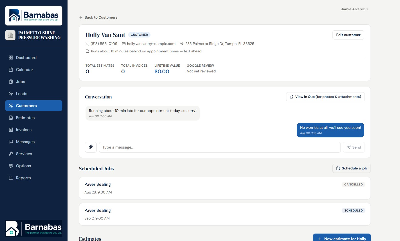 Barnabas customer profile showing a text conversation thread, scheduled jobs, and lifetime value