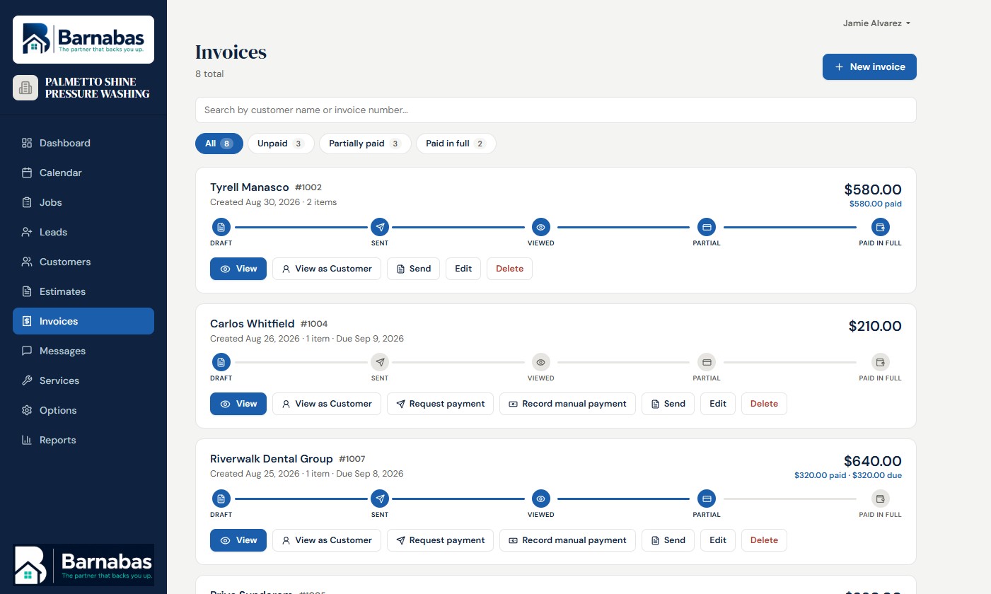 Barnabas invoices list showing sent, viewed, partially paid, and paid in full statuses