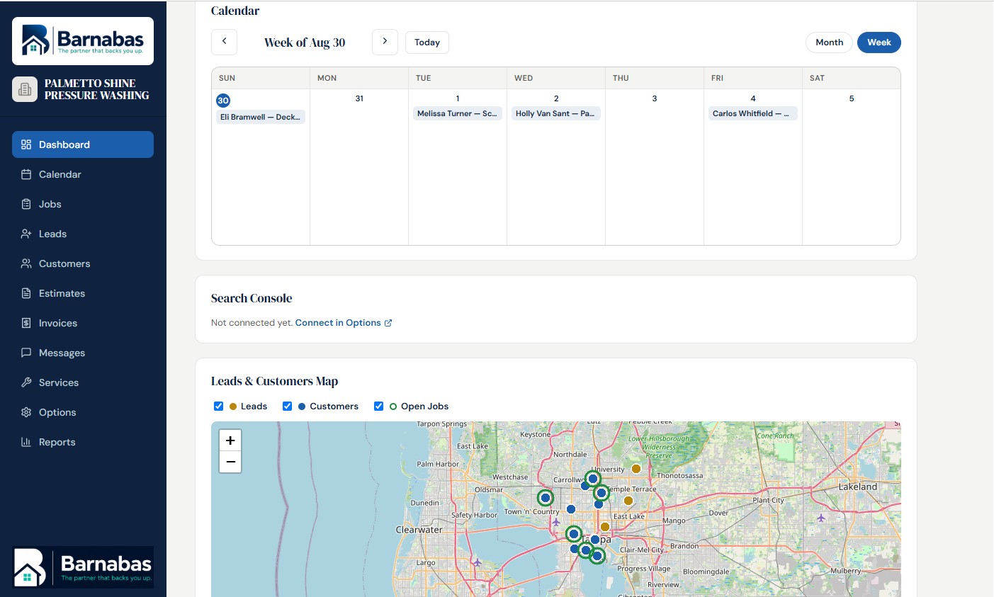 Barnabas map widget plotting leads, customers, and open jobs across a service area